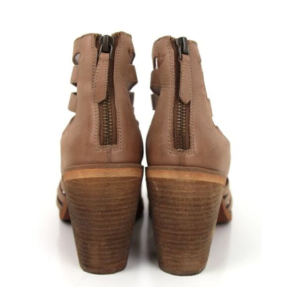 HINGE BEIGE GENUINE LEATHER STRAPPY MED HIGH HEEL BOOTIES BOOTS SHOES 7.5M - Picture 7 of 10